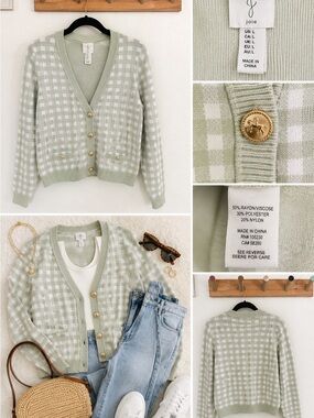 Joie Sage Green Gingham Knit Cardigan Gold Crest Buttons Size Large